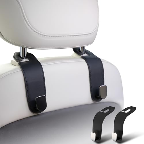 Car Headrest Hook, 2 Pack Leather Car Seat Hooks for Purses and Bags, Car Organization Accessories (Black) - color: Black