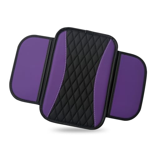 Car Center Console Cover, Upgraded Patchwork Leather Arm Rest Cover with Side Storage Pockets, Comfortable Auto Armrest Protector Cushion, Universal Middle Console Pad for SUV, Sedan (Purple) - color: purple