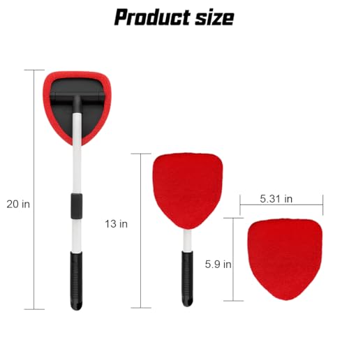 Car Windshield Cleaner Tool, Vehicle Window Detailing Cleaning Kit with Extendable Handle & 4 Washable Microfiber Pad, Auto Glass Wiper Cleaner for Exterior & Interior, Universal Fit (Red) - color: Red