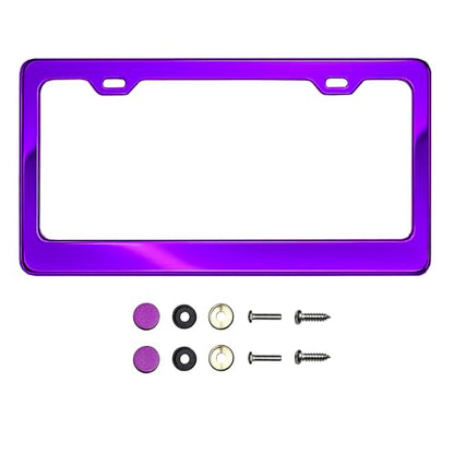 T304 Stainless Steel License Plate Frame 8K Mirror Polish Finish, Rust-Resistant, Slim Design, Universal Fit, Includes Screw Caps, Washers & Stainless Steel Screws (Purple Chrome) - color: Purple Chrome