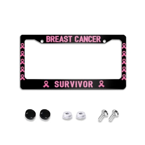 Breast Cancer Survivor Awareness License Plate Frames, Pink Ribbon License Plate Holder Car Accessories for Women October Car Tag Accessory with 2 Holes Screws Stainless Aluminum Decoration 12x6 Inch - color: Breast Cancer Survivor