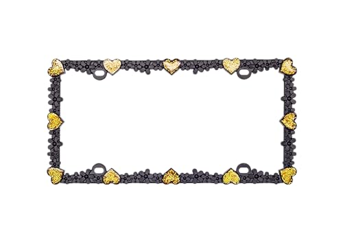 Creathome 3D Shining Daisy Heart License Plate Frame from Pure Zinc Alloy Metal Perfect Plate Holder, Matt Black with Gold Glitter, Luminously Heart - color: Matt Black with Gold Glitter, Luminously Heart