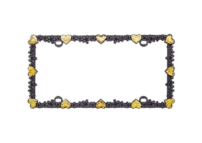 Creathome 3D Shining Daisy Heart License Plate Frame from Pure Zinc Alloy Metal Perfect Plate Holder, Matt Black with Gold Glitter, Luminously Heart - color: Matt Black with Gold Glitter, Luminously Heart