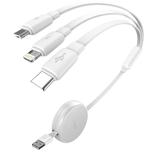 LISEN Multi Charging Cable, 3 in 1 Charging Cable, Retractable Car Charger with Type C/L/Micro USB Ports for iPhone 16 15 14 Pro Max/Samsung Galaxy S25/PS/Kindle, Multi Chargers for All Devices, White - color: White
