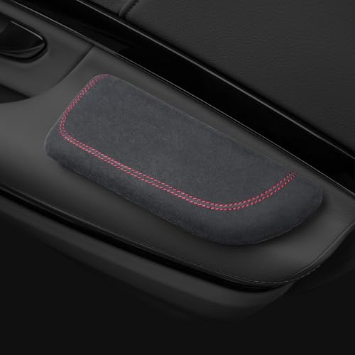 Italian Alcantara Style Fur Car Elbow Rest Pad - Universal Armrest & Knee Cushion - Thigh Support Comfort Pillow - color: Red Line Right
