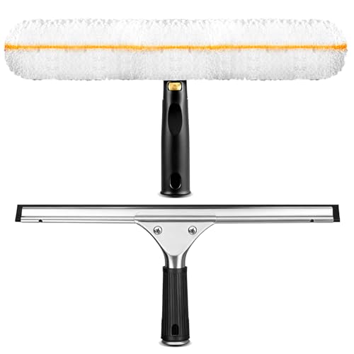 Window Cleaning Squeegee Kit- 14" Squeegee & Microfiber Rotatable Window Scrubber,All-Purpose Tile Shower Walls Window Glass Car Windshield Mirrors,Reusable Microfiber Sleeve