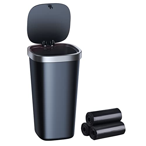 Mini Car Trash Can with Lid, Cup Holder Trash Can for Car with 3 Rolls Mini Trash Bags, Waterproof Small Car Garbage Can for Car Home Office Desk Bedroom -Square Black