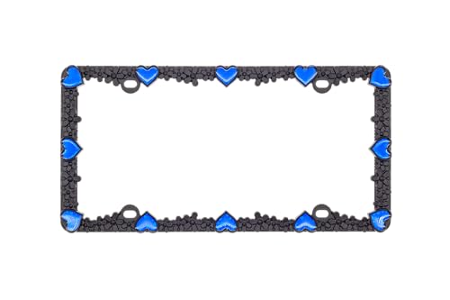 Creathome 3D Daisy Heart License Plate Frame from Pure Zinc Alloy Metal Perfect Plate Holder, Matt Black Daisy with Blue Reflective Heart - color: Matt Black with Blue Reflective Heart