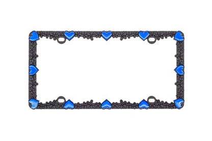 Creathome 3D Daisy Heart License Plate Frame from Pure Zinc Alloy Metal Perfect Plate Holder, Matt Black Daisy with Blue Reflective Heart - color: Matt Black with Blue Reflective Heart