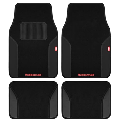 Rubbermaid Car Mats, Carpeted Floor Car Mat with Faux Leather & Built-in Heel Pad, Two-Tone Car Rug Floor Mats, Stylish Carpeted Floor Mats for Cars, Trucks & SUVs Black Color - color: Black