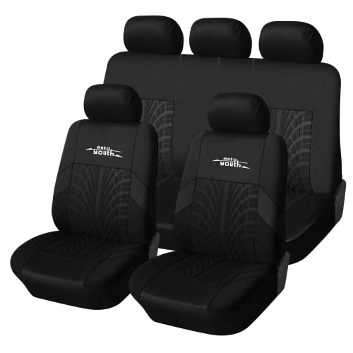 AUTOYOUTH Black Car Seat Covers Full Set, 3D Tyre Embossed Front Bucket & Split Rear Bench Covers, Airbag Compatible, Quick Setup Universal Fit for Car, SUV, Seat Protectors (9pcs) - color: Black, size: Full Set (9 pieces)