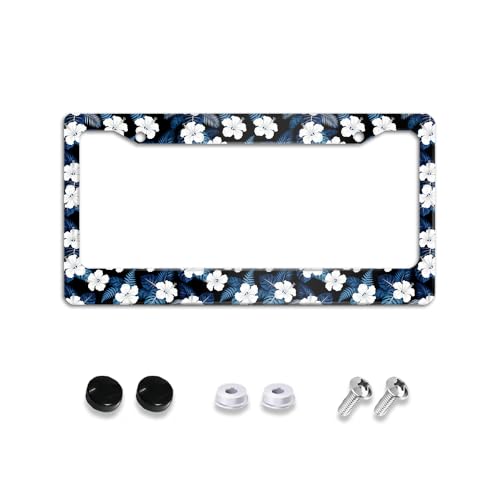 White Hibiscus Flowers License Plate Holder Frame Cover Car Accessories for Women, Blue Car Tag Frame with 2 Holes and Screws Stainless Aluminum Car Decoration Accessory 12X 6 for Us Standard for Men - color: Blue Florals