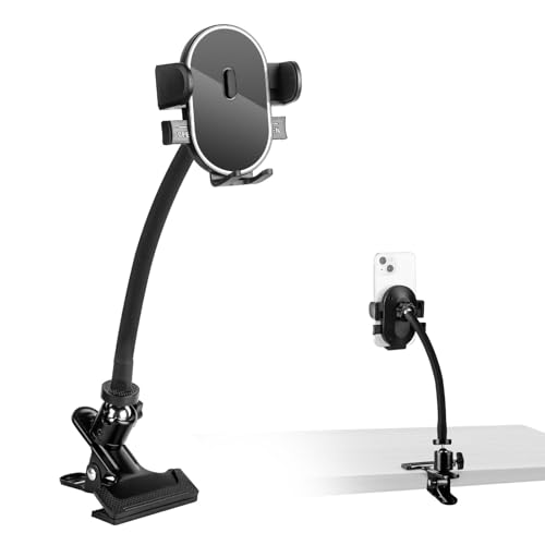 ROCKFREE Clip Phone Holder with 360° Gooseneck Arm & Auto-Locking Clamp,Short/Medium/Long Arm Options for Desk, Mic Stand, Table,Treadmill – Fits 4-7" Smartphones(Long-9.84 inch Arm) - size: Long-9.84 Inch Arm