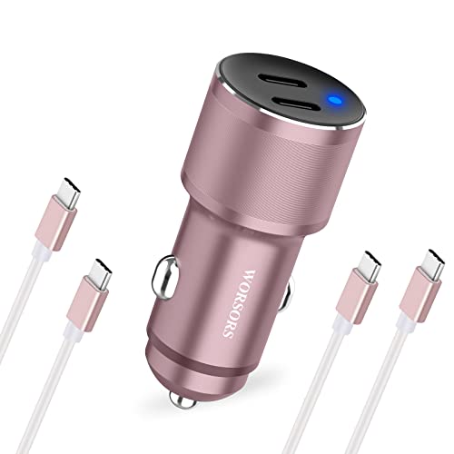 Pink Dual 45W USB C Car Charger, 90W Max Super Fast Charging, All Metal 12V Cigarette Lighter Adapter for iPhone 17 Pro Max/16/15/iPad, Samsung Galaxy S26+/S25, Google Phones with 2 Type C Cable 3.3ft - color: Rose Gold