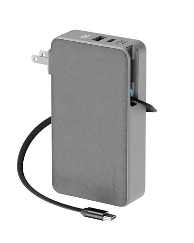myCharge RetractaCharger 10000mAh Portable Charger Power Bank with 28-Inch Retractable USB-C Cable | Built-in Wall Plug | 30W PD Fast Charging | USB-C & A Ports | Digital Display | Grey - size: 1 USB-C Cable