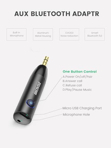 Bluetooth Aux Adapter for Car, Wireless Bluetooth 5.0 Audio Receiver with 3.5mm Jack for Vehicle Truck Home Stereo Speaker Headphone Music Streaming, Handsfree Calling, [1 Piece]