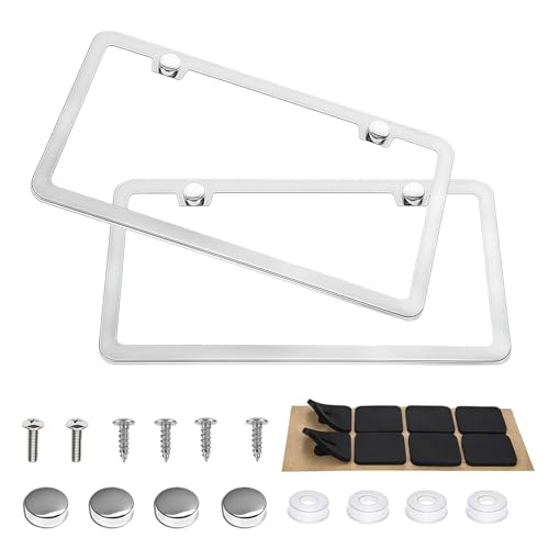 2 Pack Silver Stainless Steel License Plate Frames - 2 Hole Rust-Proof Mirror Polish Car License Plate Frame Cover, Universal for Cars Women & Men with Chrome Screw Caps - color: Silver, size: 2 Holes
