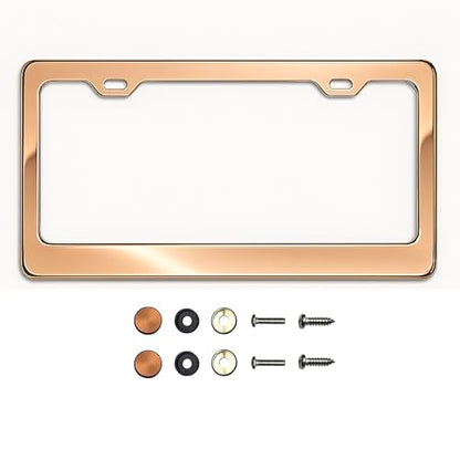 T304 Stainless Steel License Plate Frame – 8K Mirror Polish Finish, Rust-Resistant, Slim Design, Universal Fit, Includes Screw Caps, Washers & Stainless Steel Screws (Rose Gold) - color: Rose Gold