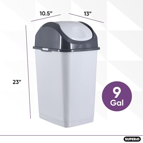 Superio Kitchen Trash Can with Swing Top Lid 9 Gallon Slim Waste Bin 37 Qt Sturdy Plastic Garbage Can Medium Recycling Bin for Office, Bathroom, Under Counter, Dorm, Bedroom (Smoke White/Grey) - size: 9 Gallon, style: 1 Pack
