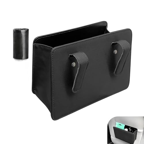 Car Trash Can, Leather Vehicle Trash Bin with 1 Roll Trash Bag, Mini Foldable Seat Back Hanging Storage Bag Container, Waterproof Car Door Storage Box, Universal for Most Cars (Black)