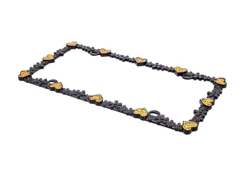 Creathome 3D Shining Daisy Heart License Plate Frame from Pure Zinc Alloy Metal Perfect Plate Holder, Matt Black with Gold Glitter, Luminously Heart - color: Matt Black with Gold Glitter, Luminously Heart