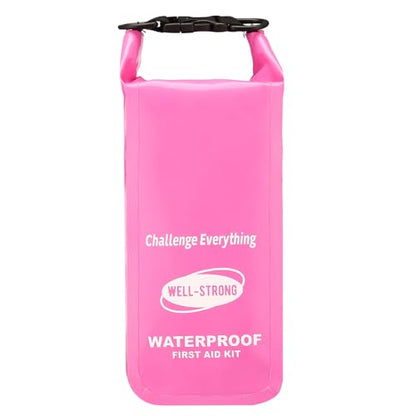 Boat First Aid Kit Waterproof, WELL-STRONG Marine Emergency Kit with Roll Top Dry Bag for Boating Fishing Kayaking – Water-Resistant Contents for Camping & Beach（Pink） - color: Ws011-pink