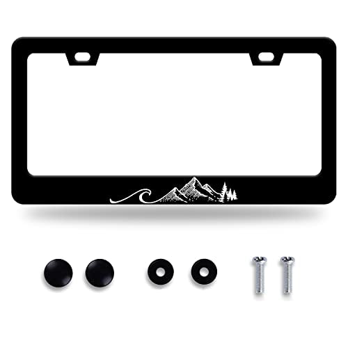 Waves License Plate Frame Ocean Wave Mountains License Plate Stainless Steel Parts Funny License Plate Decorative with Screws Size 12.3" x 6.3" - color: Mountains Waves