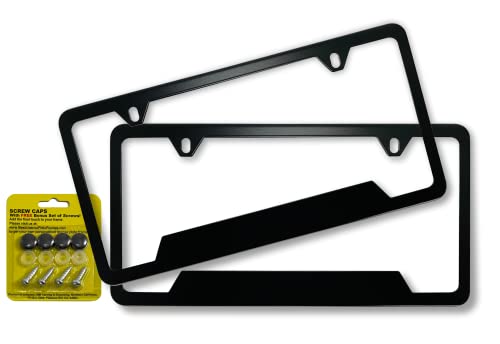 Premium Corrosion-Resistant Stainless Steel Matte Black Powder Coated 2-Hole Standard CAR Heavy Duty License Plate Frames with Free Set of Screws and caps - Set of 2 Frames - size: Set of 2 frames