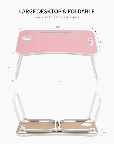 ZEAPTAC Laptop Bed Desk, Foldable Lap Desk, Portable Lap Table, Laptop Stand with Cup Holder & Tablet Slot & Lifting Handle for Working Writing Drawing & Eating - Rose Pink - color: Rose Pink