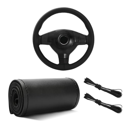 Yourkar Leather Steering Wheel Cover, 15"×15" Breathable Steering Wheel Cover DIY Kit with Needle Thread, Non-Slip Leather Stitch on Wrap Steering Wheel Protector, Car Accessories (Black) - color: Black, size: Glossy Finish