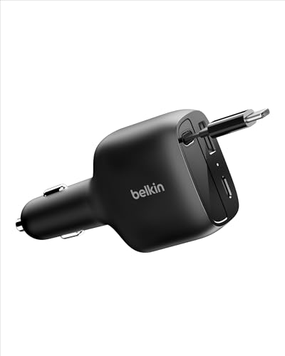 Belkin USB C Car Charger 75W w/ 30in USB C Retractable Charger, Compatible with iPhone 17 & 16 Series, Galaxy S26 Series, AirPods, Tablet, MacBook, Chromebook
