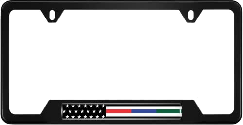Black Stainless Steel CAR 2-Hole Standard Size - License Plate Frame with First Responders - Law Enforcement, Military and Fire Thin Line USA Flag Design and Free caps - (Qty:1 Frame) - size: Police, Military and Fire