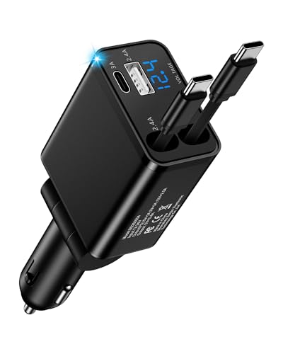 Retractable Car Phone Charger for Samsung S26 S25 Android, 4 in 1 Fast USB C Car Charging Adapter with 2 Flexible USB C Cable, USBC Cigarette Lighter Gift for Men Car Gadgets Electronics Accessories - color: Reatractable Car Charger-Black