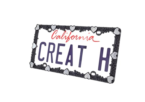 Creathome 3D Daisy Heart License Plate Frame from Pure Zinc Alloy Metal Perfect Plate Holder, Matt Black Daisy with Silver Reflective Heart - color: Matt Black with Silver Reflective Heart