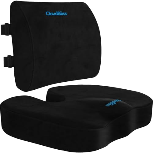 CloudBliss Lumbar Support Pillow & Seat Cushion Set for Office Chair, Desk Chair, Wheelchair & Car–Memory Foam Back Support,Ergonomic Chair Cushions,Sciatica Pain Relief,Home Essentials(Black,XL) - color: Black, size: X-Large