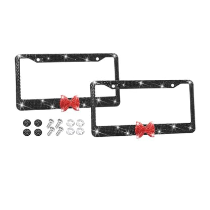 Bling Car License Plate Frame for Women, 2PCS Crystal Rhinestone Stainless Steel Vehicle Plate Holder, Glitter Diamond Sparkly Auto Plate Cover Accessories, Universal Fit (Black/Red Bow) - color: Black/Red Bow