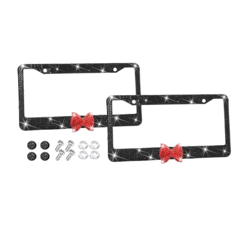 Bling Car License Plate Frame for Women, 2PCS Crystal Rhinestone Stainless Steel Vehicle Plate Holder, Glitter Diamond Sparkly Auto Plate Cover Accessories, Universal Fit (Black/Red Bow) - color: Black/Red Bow