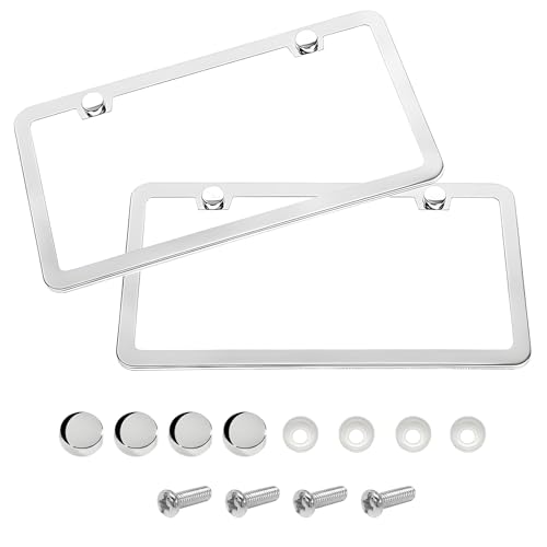 2PCS License Plate Frames, 2 Holes Rust-Proof Metal Car Tag Holder with Washers Screws Chrome Caps, Heavy Duty Stainless Steel Polished Frame for Front & Rear License Plates
