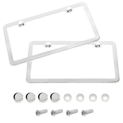 2PCS License Plate Frames, 2 Holes Rust-Proof Metal Car Tag Holder with Washers Screws Chrome Caps, Heavy Duty Stainless Steel Polished Frame for Front & Rear License Plates