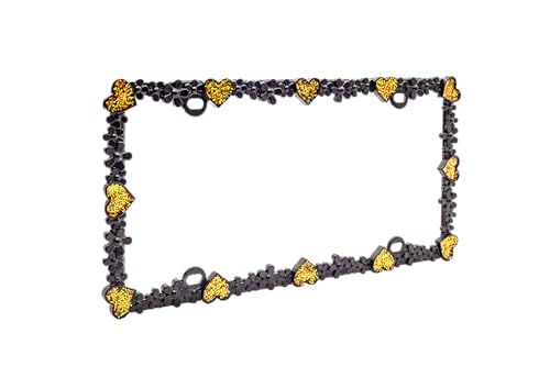 Creathome 3D Shining Daisy Heart License Plate Frame from Pure Zinc Alloy Metal Perfect Plate Holder, Matt Black with Gold Glitter, Luminously Heart - color: Matt Black with Gold Glitter, Luminously Heart