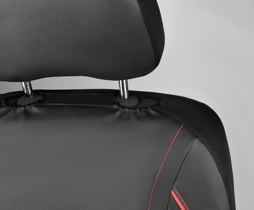 CAR PASS Universal FIT Piping Leather Two Front Seat Covers, Waterproof Faux Leather for SUV Sedan Van Truck, Airbag Compatible,Reserved Opening Holes for Headrest Covers. (Black red) - color: Black Red