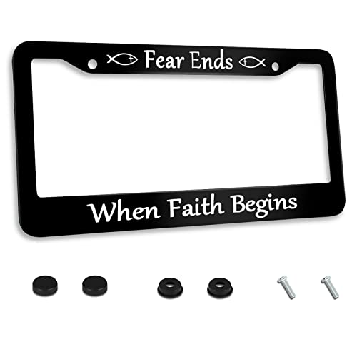 Personalized License Plate Frame Fear Ends When Faith Begins Stainless Steel License Plate Holder Accessory Decorative 2 Holes and Screws Fits US Standard License Plates 12.2 x 6.3 in for Men Women - color: Fear Ends When Faith Begins