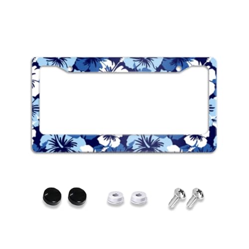 Hawaiian Blue Flowers License Plate Holder Frame Cover Beautiful Floral Car Accessories Stainless Aluminum Steel Auto Parts Car Tag Frame Decorative Accessory with 2 Holes Screws 12" X 6" Men Women - color: Blue Flowers