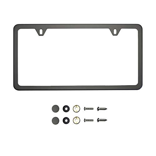 Two Hole Slim Version Matte Flat Black License Plate Frame T304 Stainless Steel + Metal Screw Caps