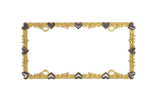 Creathome 3D Shining Daisy Heart License Plate Frame from Pure Zinc Alloy Metal Perfect Plate Holder, Matt Gold with Black Glitter, Luminously Heart - color: Matt Gold with Black Glitter, Luminously Heart