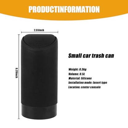 1 Pack Car Trash Can, 2.5In x 6.2In Soft Silicone Portable Vehicle Trash Cup with Lid, Universal Embedded Waterproof Automotive Trash Storage Accessories for Truck SUV Car (Black)