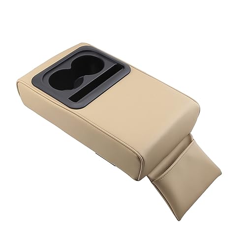 PU Leather Armrest Cushion with Cup Holder, Car Center Console Pad with Front Storage Pocket, Elbow Rest Pillow, Universal Car Armrest Seat Box Cover Protector - Beige - color: Beige
