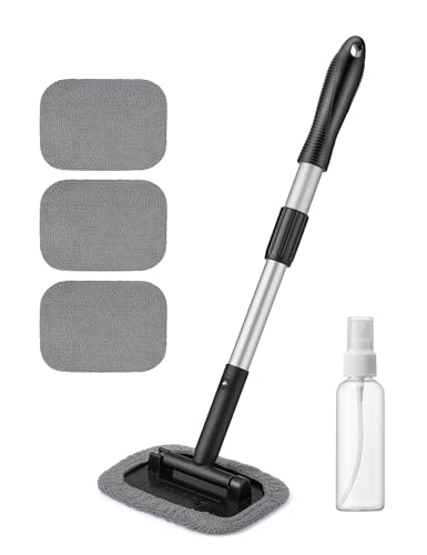 AstroAI Windshield Cleaner Tool, Microfiber Car Window Cleaner with 4 Reusable and Washable Microfiber Pads and Extendable Handle Auto Inside Glass Wiper Kit, Gray - color: Gray