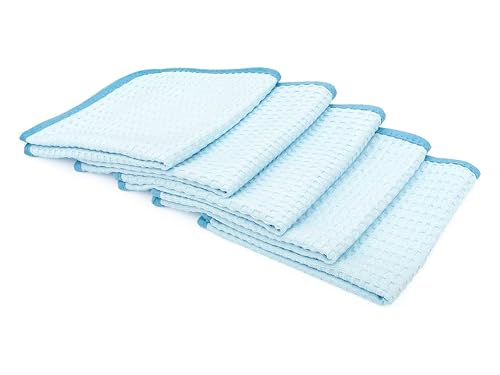 The Rag Company Dry Me A River, Professional Korean 70/30 Blend Microfiber Waffle-Weave Drying & Detailing Towels, Soft Suede Edges, 390 GSM, 16x16 Inches, Light Blue, 5-Pack - color: Light Blue, size: 16in x 16in