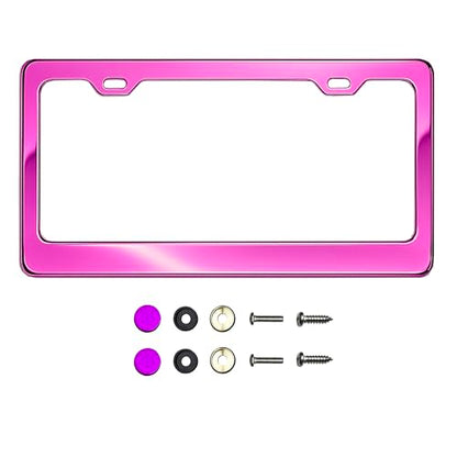 T304 Stainless Steel License Plate Frame – 8K Mirror Polish Finish, Rust-Resistant, Slim Design, Universal Fit, Includes Screw Caps, Washers & Stainless Steel Screws (Purple Pink) - color: Purple Pink